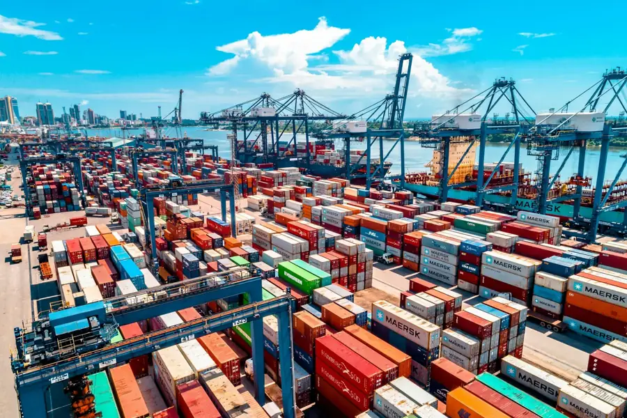Stacked shipping containers and cranes at a UAE container terminal
